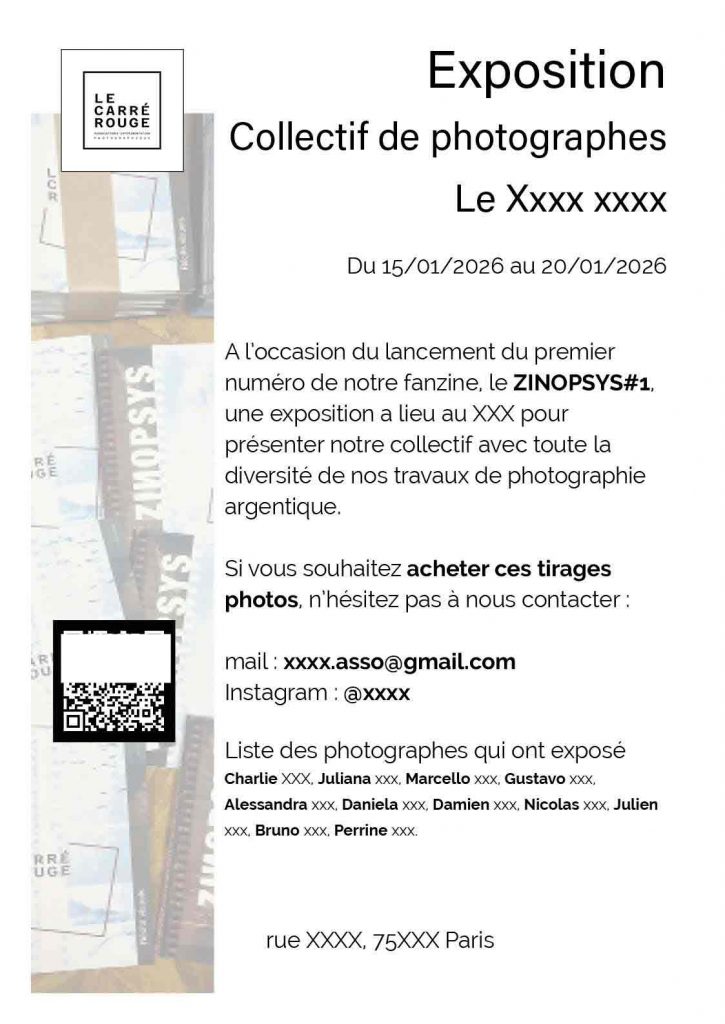 Affiche exposition photographie, Paris janvier 2026, anonymisée